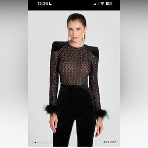 NADINE MERABI Black Sheer Bodysuit with Feather Cuffs